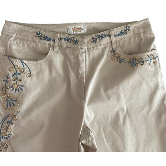 Talbots Beaded Crop Khaki Pants 6 Stretch Twill Embroidered Classic Indie - Picture 3 of 11